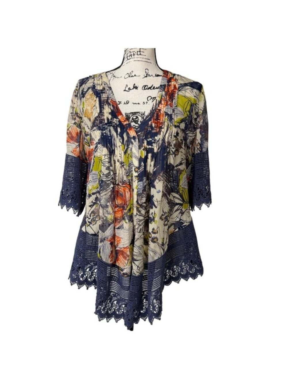 Coldwater Creek Women Size M Silk Floral Kimono One-Button Top Crochet Lace Hem